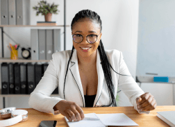 Woman sitting presenting something