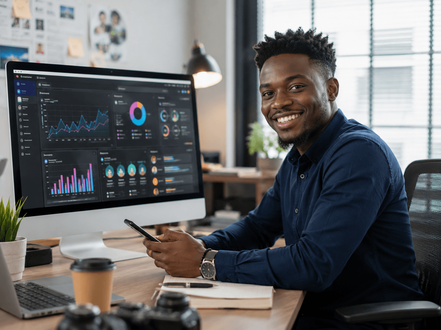 Professionnel du marketing digital consultant des statistiques sur smartphone