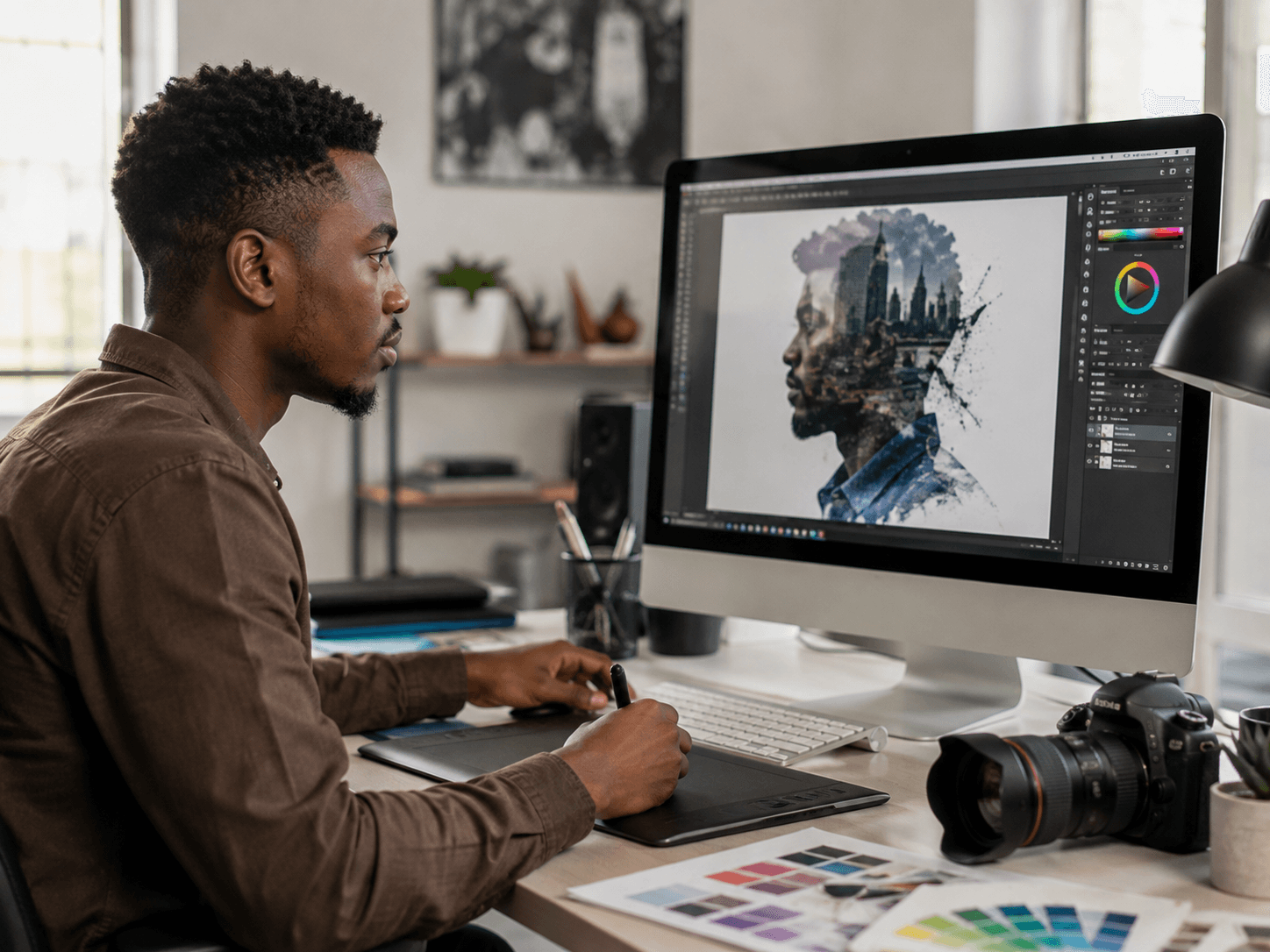 Graphiste de production travaillant sur un montage photo avec son appareil photo