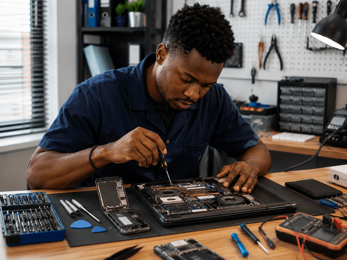 Technicien réparant un ordinateur portable avec des outils de maintenance