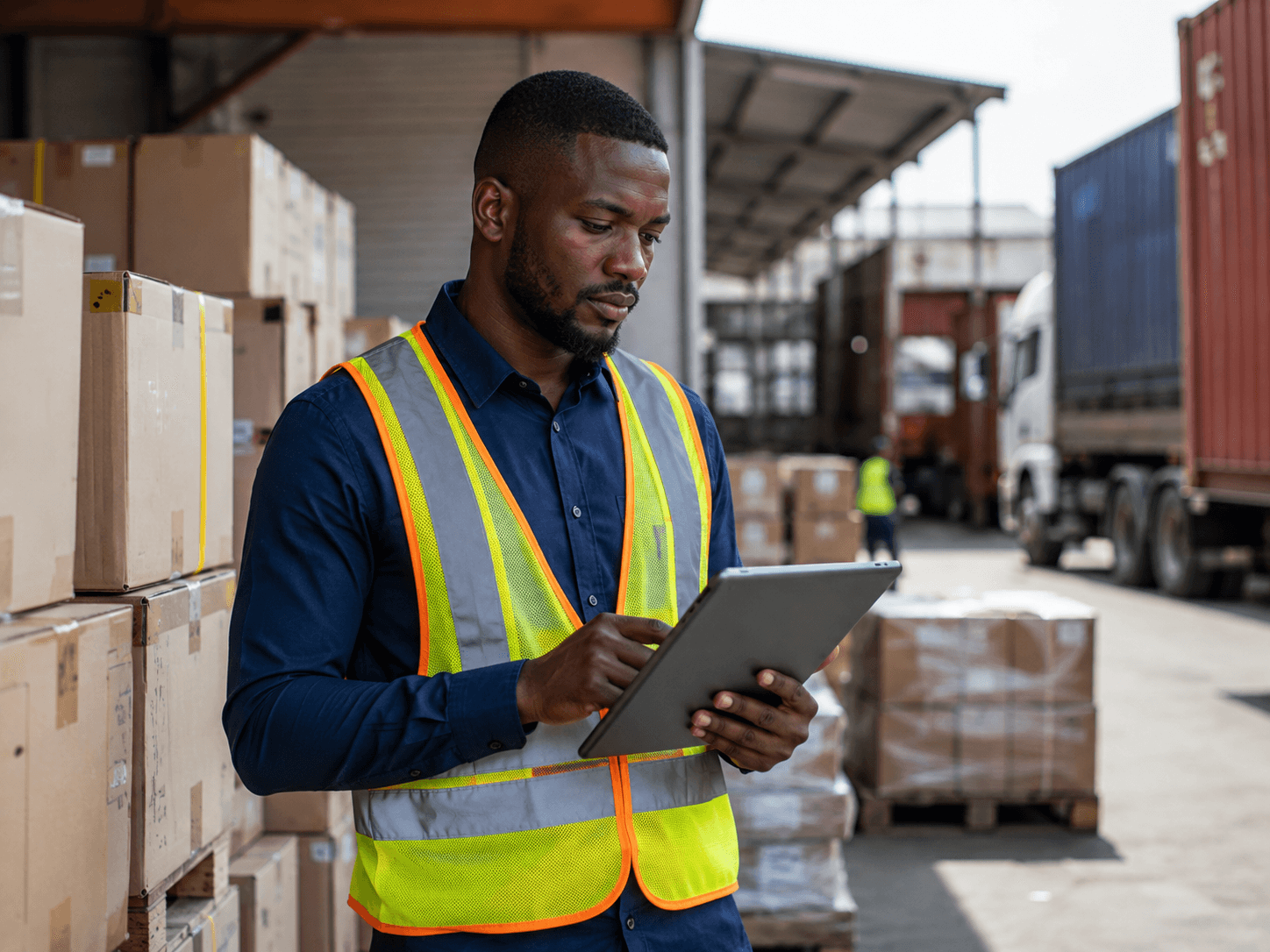 Agent logistique vérifiant une livraison sur tablette à l'entrepôt